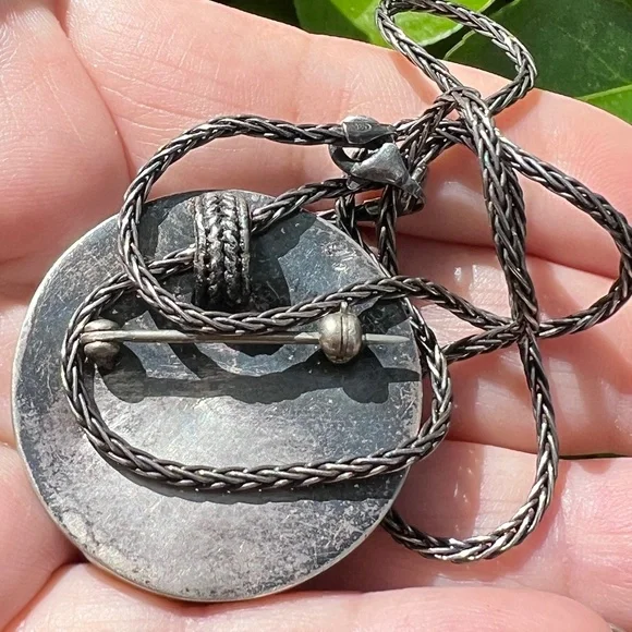 VINTAGE 925 STERLING ARTISAN PENDANT CHAI NECKLACE GEMSTONES INLAID PIN BROOCH - Picture 12 of 16